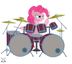 Size: 1686x1494 | Tagged: safe, artist:shadawg, character:pinkie pie, species:earth pony, species:pony, cymbals, drum kit, drums, female, hoof hold, mare, musical instrument, rimshot, snare drum, solo