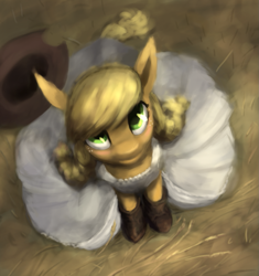 Size: 957x1017 | Tagged: safe, artist:bakuel, character:applejack, alternate hairstyle, boots, clothing, cowboy hat, female, hat, looking up, sitting, solo, stetson, white dress