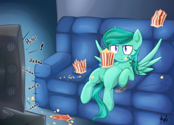 Size: 2500x1800 | Tagged: safe, artist:sea-maas, oc, oc only, oc:aurora, bored, couch, couch potato, food, popcorn, solo, television