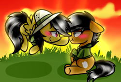 Size: 1024x691 | Tagged: safe, artist:artypaints, character:daring do, character:quibble pants, ship:daringpants, episode:stranger than fanfiction, blushing, boop, female, male, scrunchy face, shipping, straight, that was fast