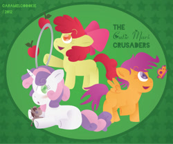 Size: 719x600 | Tagged: safe, artist:caramelcookie, character:apple bloom, character:scootaloo, character:smarty pants, character:sweetie belle, species:pegasus, species:pony, apple, butterfly, cutie mark crusaders, food, loop-de-hoop, open mouth