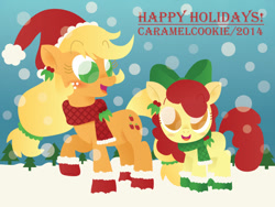 Size: 800x600 | Tagged: safe, artist:caramelcookie, character:apple bloom, character:applejack, christmas, clothing, ear piercing, earring, happy holidays, hat, jewelry, open mouth, piercing, santa hat, scarf, snow, snowfall
