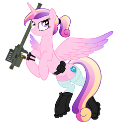 Size: 2772x2972 | Tagged: safe, artist:shadawg, character:princess cadance, species:alicorn, species:pony, belt, boots, clothing, female, high res, hoof boots, military wife, missile launcher, ponytail, pouch, simple background, smiling, socks, stinger, transparent background, vector
