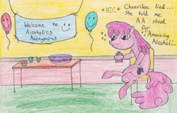 Size: 3183x2041 | Tagged: safe, artist:darkknightwolf2011, character:berry punch, character:berryshine, alcoholics anonymous, balloon, traditional art