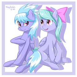 Size: 850x850 | Tagged: safe, artist:skykain, character:cloudchaser, character:flitter, species:pegasus, species:pony, bow, duo, female, hair bow, mare, sitting