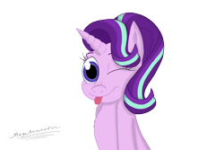 Size: 2944x1966 | Tagged: safe, artist:megaanimationfan, character:starlight glimmer, species:pony, species:unicorn, blep, cute, female, glimmerbetes, looking at you, mare, one eye closed, signature, silly, silly pony, simple background, smiling, tongue out, transparent background, wink