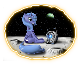 Size: 1222x1000 | Tagged: safe, artist:hereticofdune, character:princess luna, species:alicorn, species:pony, crossover, female, mare, moon, personality core, portal, portal (valve), s1 luna, space, wheatley