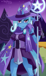 Size: 785x1280 | Tagged: safe, artist:skykain, character:trixie, species:anthro, female, magic staff, night, solo, trixie's cape, trixie's hat