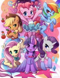 Size: 734x950 | Tagged: safe, artist:lindsay cibos, character:applejack, character:fluttershy, character:pinkie pie, character:rainbow dash, character:rarity, character:twilight sparkle, character:twilight sparkle (alicorn), species:alicorn, species:pony, blushing, clothing, colored pupils, cute, dashabetes, diapinkes, equestria girls outfit, group photo, jackabetes, mane six, raribetes, shyabetes, signature, twiabetes