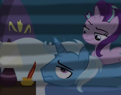 Size: 1877x1478 | Tagged: dead source, safe, artist:drewmwhit, character:starlight glimmer, character:trixie, ship:startrix, bed, bedroom, female, half r63 shipping, lamp, male, messy mane, quill, rule 63, shipping, startrist, straight, tristan