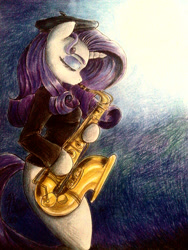Size: 1536x2048 | Tagged: safe, artist:mannybcadavera, character:rarity, species:anthro, beatnik rarity, beret, clothing, eyes closed, female, hat, musical instrument, saxophone, solo, traditional art