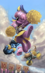 Size: 630x1020 | Tagged: safe, artist:bakuel, character:cheerilee, species:earth pony, species:pony, episode:the cart before the ponies, g4, my little pony: friendship is magic, cheerileeder, cheerleader, clothing, colt, eyes closed, featureless crotch, female, filly, hair bow, male, mare, one eye closed, pleated skirt, pom pom, score, score cards, skirt, skirt lift, smiling, tongue out, upskirt, wink