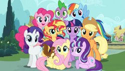Size: 1413x807 | Tagged: dead source, safe, artist:dilemmas4u, character:applejack, character:fluttershy, character:pinkie pie, character:rainbow dash, character:rarity, character:spike, character:starlight glimmer, character:sunset shimmer, character:twilight sparkle, character:twilight sparkle (alicorn), species:alicorn, species:pony, alicornified, magical quartet, magical quintet, magical trio, mane nine, mane seven, mane six, race swap, shimmercorn, show accurate, squirrel