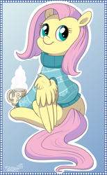 Size: 1231x2000 | Tagged: safe, artist:espeonna, character:fluttershy, species:pegasus, species:pony, alternate hairstyle, best pony, bottomless, chocolate, clothing, cute, cyan eyes, cyan sweater, digital art, female, food, gradient background, head turn, hot chocolate, looking at you, looking back, looking back at you, mare, mug, partial nudity, pink hair, pink mane, pink tail, shyabetes, sitting, smiling, solo, sweater, sweatershy, turtleneck, yellow coat