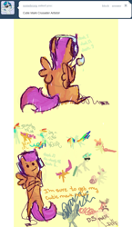 Size: 632x1091 | Tagged: safe, artist:feathersandink, character:scootaloo, species:pegasus, species:pony, ask, comic, headphones, paintbrush, that scootaloo, tumblr