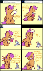 Size: 2060x3359 | Tagged: safe, artist:feathersandink, character:rainbow dash, character:scootaloo, species:pegasus, species:pony, ask, ask that scootaloo, comic, drink, drinking, female, heart, high res, plushie, that scootaloo, tumblr