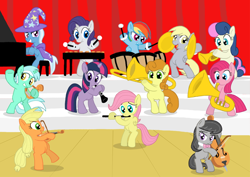 Size: 1016x720 | Tagged: safe, artist:shutterflye, character:applejack, character:bon bon, character:carrot top, character:derpy hooves, character:fluttershy, character:golden harvest, character:lyra heartstrings, character:octavia melody, character:pinkie pie, character:rainbow dash, character:rarity, character:sweetie drops, character:trixie, character:twilight sparkle, character:twilight sparkle (unicorn), species:earth pony, species:pegasus, species:pony, species:unicorn, band, bow (instrument), cello, cello bow, clarinet, concert, cymbals, dexterous hooves, drums, equestrian fillyharmonic, female, filly, flute, foal, lyre, mane six, musical instrument, orchestra, piano, timpani, trombone, trumpet, tuba, violin, violin bow, xylophone, younger
