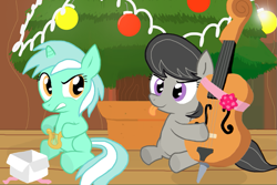 Size: 875x584 | Tagged: safe, artist:shutterflye, character:lyra heartstrings, character:octavia melody, species:earth pony, species:pony, species:unicorn, g4, cello, christmas, duo, duo female, female, filly, foal, lyre, musical instrument, sitting, tongue out, younger