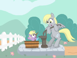 Size: 925x700 | Tagged: safe, artist:shutterflye, character:derpy hooves, character:dinky hooves, species:pegasus, species:pony, species:unicorn, g4, adventures in happy, bath, cute, derpabetes, dinkabetes, equestria's best mother, female, fence, filly, mare, mother and daughter, pump