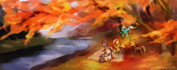 Size: 1500x600 | Tagged: safe, artist:lya, character:applejack, character:fluttershy, character:pinkie pie, character:rainbow dash, character:rarity, character:twilight sparkle, autumn, colored, digital art, enjoying, forest, group, happy, leaves, mane six, picnic, river, scenery, tree