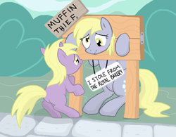 Size: 825x645 | Tagged: safe, artist:shutterflye, character:derpy hooves, character:dinky hooves, species:pegasus, species:pony, species:unicorn, blushing, criminal, criminal scum, female, filly, frown, grin, mare, muffin, muffin thief, pony shaming, punishment, sad, smiling, stocks, that pony sure does love muffins, thief
