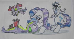 Size: 753x397 | Tagged: safe, artist:hillbe, character:rarity, character:spike, oc, parent:rarity, parent:spike, parents:sparity, species:dracony, newbie artist training grounds, ship:sparity, hybrid, interspecies offspring, male, offspring, roller skates, shipping, skateboard, straight, sunglasses, traditional art