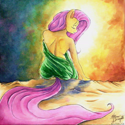 Size: 1520x1528 | Tagged: safe, artist:mannybcadavera, character:fluttershy, species:anthro, species:pegasus, g4, artistic nudity, blanket, eyes closed, female, head turn, mare, morning, profile, rear view, signature, sitting, solo, traditional art, watercolor painting