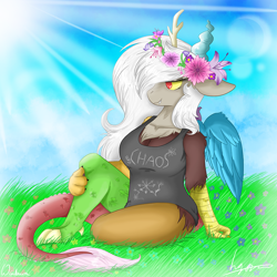 Size: 1000x1000 | Tagged: safe, artist:wintaura, character:discord, oc:eris, species:anthro, beautiful, busty eris, chaos, clothing, colorful, female, field, flower, flower in hair, relaxing, rule 63, shirt, sitting, sky, snaggletooth, solo, sun, wings