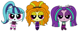 Size: 1500x616 | Tagged: safe, artist:syggie, character:adagio dazzle, character:aria blaze, character:sonata dusk, my little pony:equestria girls, alpha channel, checkered background, cute, female, lidded eyes, looking at you, powerpuffified, simple background, the dazzlings, the powerpuff girls, transparent background