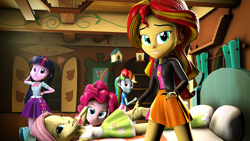 Size: 1920x1080 | Tagged: safe, artist:danj16, character:applejack, character:fluttershy, character:pinkie pie, character:rainbow dash, character:sunset shimmer, character:twilight sparkle, character:twilight sparkle (alicorn), my little pony:equestria girls, 3d, bedroom eyes, blender, boots, clothing, cute, dashabetes, diapinkes, flirty, fluttershy's cottage, leather jacket, one eye closed, pleated skirt, shimmerbetes, shyabetes, skirt, socks, source filmmaker, twiabetes, wink