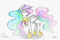 Size: 6000x4000 | Tagged: safe, artist:wintaura, character:princess celestia, absurd resolution, colored sketch, digital art, ear fluff, eyes closed, female, jewelry, raised hoof, regalia, simple background, sketch, smiling, solo, sparkles, sparkly mane, traditional art, watercolor painting, white background