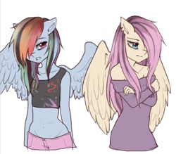 Size: 472x414 | Tagged: safe, artist:liliumena, character:fluttershy, character:rainbow dash, species:anthro, belly button, clothing, emo, emoshy, midriff, shorts, tank top