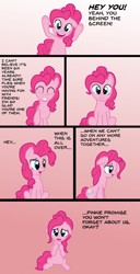 Size: 1200x2349 | Tagged: safe, artist:zharkaer, derpibooru original, character:pinkie pie, species:earth pony, species:pony, anniversary, breaking the fourth wall, bronybait, comic, crying, end of g4, end of ponies, feels, female, floppy ears, gradient background, happy birthday mlp:fim, harsher in hindsight, hilarious in hindsight, looking at you, mare, mlp fim's sixth anniversary, sad, sad in hindsight, sadder in hindsight, solo, talking to viewer, underhoof