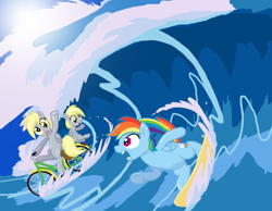 Size: 850x660 | Tagged: safe, artist:shutterflye, character:derpy hooves, character:dinky hooves, character:rainbow dash, species:pegasus, species:pony, g4, bicycle, female, filly, foal, mare, ocean, photoshop, surfing, water