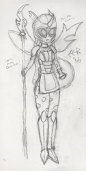 Size: 1763x3485 | Tagged: safe, artist:e-e-r, species:changeling, my little pony:equestria girls, armor, equestria girls-ified, female, glaive, helmet, humanized, monochrome, shield, solo, traditional art, weapon, wip