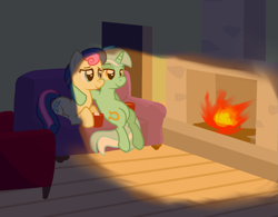 Size: 1175x918 | Tagged: safe, artist:zharkaer, character:bon bon, character:lyra heartstrings, character:sweetie drops, ship:lyrabon, my little pony chapter books, bedroom eyes, chocolate, couch, cup, female, fire, fireplace, food, hot chocolate, lesbian, lidded eyes, lyra and bon bon and the mares from s.m.i.l.e., marshmallow, s.m.i.l.e., scene interpretation, shipping, smiling