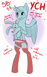 Size: 2149x3543 | Tagged: safe, artist:farcuf, oc, oc only, species:alicorn, species:pony, advertisement, bipedal, clothing, commission, cute, digital art, garter belt, plushie, sketch, stockings, your character here
