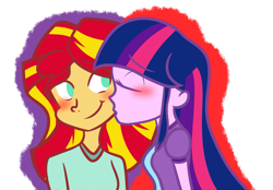 Size: 1729x1200 | Tagged: safe, artist:artypaints, character:sunset shimmer, character:twilight sparkle, ship:sunsetsparkle, my little pony:equestria girls, blushing, eyes closed, female, kiss on the cheek, kissing, lesbian, no catchlights, no pupils, shipping, simple background, smiling, white background