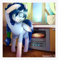 Size: 1100x1134 | Tagged: safe, artist:somepony-ul, oc, oc only, species:pegasus, species:pony, baking, bowl, colored wings, colored wingtips, cooking, eyes closed, female, food, hairband, kitchen, mare, mixing bowl, oven, pie, socks (coat marking), solo