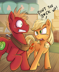 Size: 2396x2925 | Tagged: safe, artist:sea-maas, character:applejack, character:big mcintosh, species:earth pony, species:pony, episode:where the apple lies, g4, my little pony: friendship is magic, angry, dialogue, duo, female, gritted teeth, male, mare, open mouth, raised hoof, scared, shrunken pupils, stallion, surprised, teenage applejack, teenage big macintosh, vulgar, wide eyes, younger