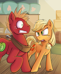 Size: 2396x2925 | Tagged: safe, artist:sea-maas, derpibooru original, character:applejack, character:big mcintosh, species:earth pony, species:pony, episode:where the apple lies, g4, my little pony: friendship is magic, angry, duo, female, gritted teeth, male, mare, open mouth, raised hoof, scared, shrunken pupils, stallion, surprised, teenage applejack, teenage big macintosh, wide eyes