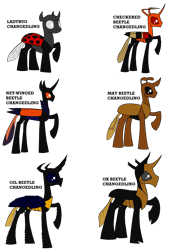 Size: 1773x2562 | Tagged: safe, artist:rexlupin, species:changeling, species:reformed changeling, episode:to where and back again, g4, my little pony: friendship is magic, alternate design, beetle, brown changeling, dark changedling, ladybug, ladybug changeling, orange changeling, raised hoof, simple background, text, transparent background
