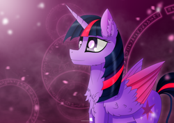 Size: 1024x724 | Tagged: safe, artist:simonk0, character:twilight sparkle, character:twilight sparkle (alicorn), species:alicorn, species:pony, chest fluff, colored wings, colored wingtips, ear fluff, female, magic, magic circle, solo