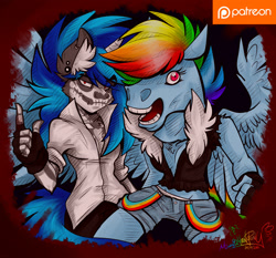Size: 3000x2800 | Tagged: safe, artist:mimy92sonadow, character:dj pon-3, character:rainbow dash, character:vinyl scratch, species:anthro, clothing, fingerless gloves, gloves, happy halloween, hoers mask, looking at you, mask, midriff, open mouth, pants, patreon, patreon logo, shorts, signature