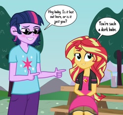 Size: 1987x1869 | Tagged: dead source, safe, artist:drewmwhit, character:sunset shimmer, character:twilight sparkle, oc:dusk shine, ship:sunsetsparkle, my little pony:equestria girls, alternate hairstyle, bad pickup line, beverage, blushing, clothing, dialogue, duskshimmer, equestria guys, finger gun, finger guns, glass, glasses, half r63 shipping, male, pants, pickup lines, pointing, prince dusk, rule 63, shipping, speech bubble, straight, straw, sunglasses