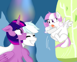 Size: 400x320 | Tagged: safe, artist:h0mi3, character:double diamond, character:twilight sparkle, character:twilight sparkle (alicorn), oc, oc:snowlight, parent:double diamond, parent:twilight sparkle, parents:diamondlight, species:alicorn, species:pegasus, species:pony, crack shipping, cute, diamondlight, female, filly, happy, male, mare, offspring, shipping, shocked, smiling, stallion, story in the source, surprised, twilight's castle