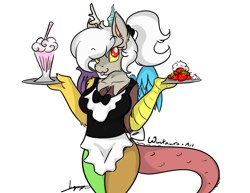 Size: 1400x1080 | Tagged: safe, artist:wintaura, character:discord, oc:eris, species:anthro, breasts, busty eris, cleavage, clothing, female, food, maid, milkshake, ponytail, rule 63, solo, strawberries, tongue out, whipped cream