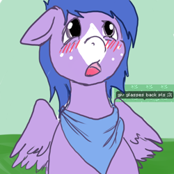 Size: 750x750 | Tagged: safe, artist:tacodeltaco, oc, oc only, oc:button, species:pegasus, species:pony, pony town, blushing, dialogue, freckles, looking at you, missing accessory, neckerchief, simple background, solo