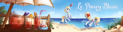 Size: 2250x585 | Tagged: safe, artist:divlight, oc, oc only, oc:brave, oc:ruban, species:earth pony, species:pony, beach, beach umbrella, food, frisbee, ice cream, le poney blanc