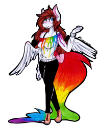 Size: 1280x1649 | Tagged: safe, artist:mscolorsplash, oc, oc only, oc:color splash, species:anthro, species:pegasus, species:plantigrade anthro, species:pony, rainbow tail, simple background, solo, traditional art, transparent background